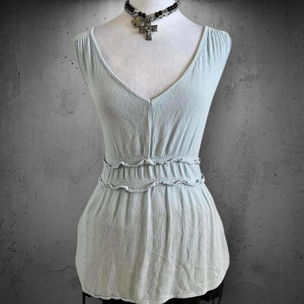 Baby Blue Soft V-Neck Low Cut Back Sleeveless Stretchy Babydoll Top